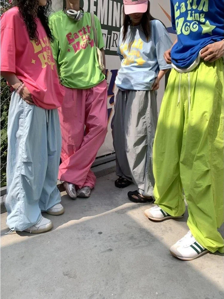 HOUZHOU Y2k Pink Wide Parachute Pants Women Oversized Casual Joggers Harajuku Fashion Korean Streetwear Baggy Sports Trousers