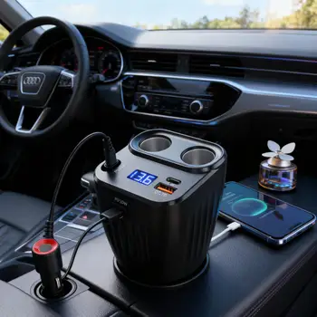 Caricatore per telefono per auto Ricarica multiporta Cavo di ricarica retrattile integrato Adattatore per caricabatteria per auto con monitoraggio della tensione in tempo reale