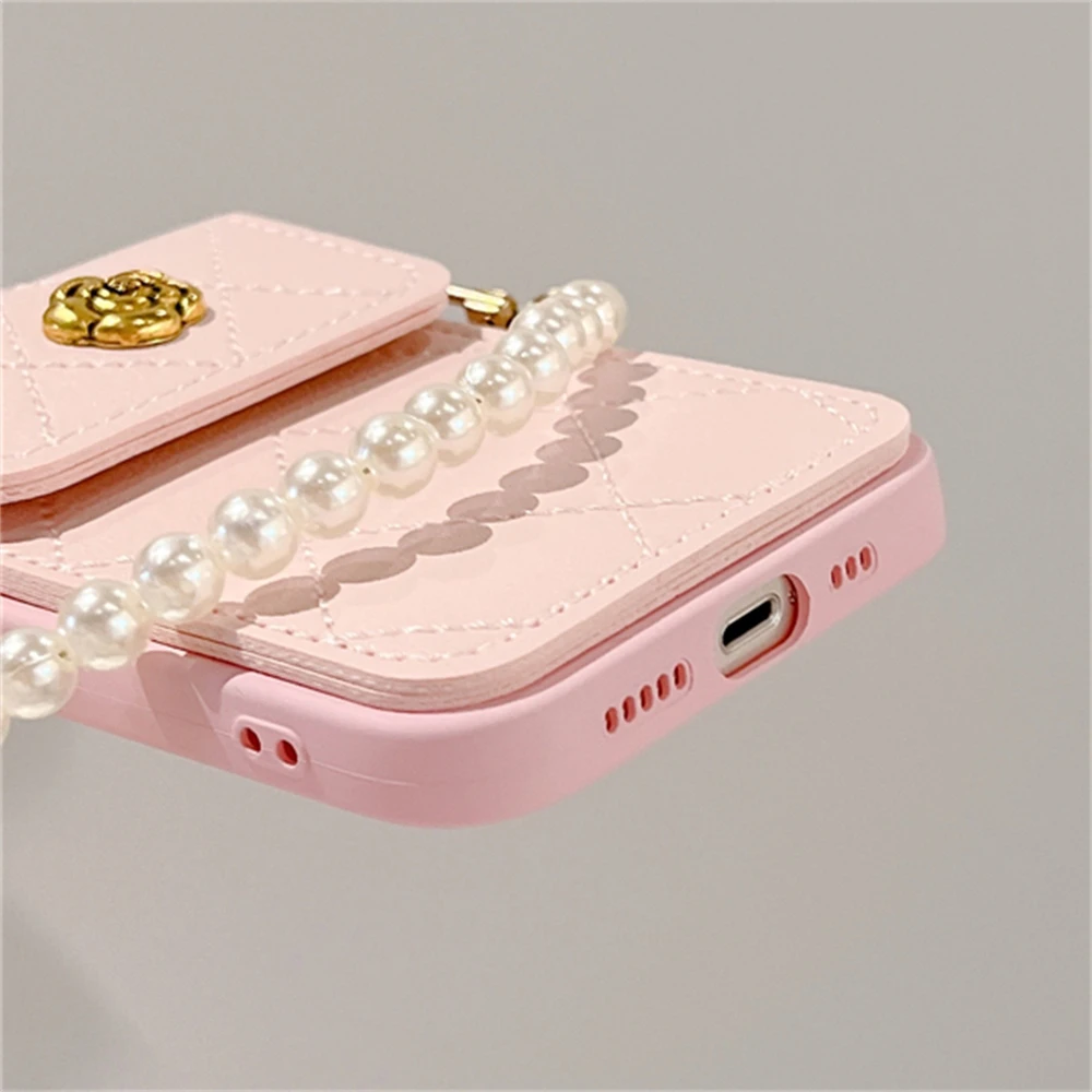 Korea 3D Kamelie Blume Karte Tasche Perle Kette Silikon Weiche Fall Für iPhone 16 15 14 Pro Max 13 12 11 X XR 8 Plus Stoßfest Abdeckung_voghion.com