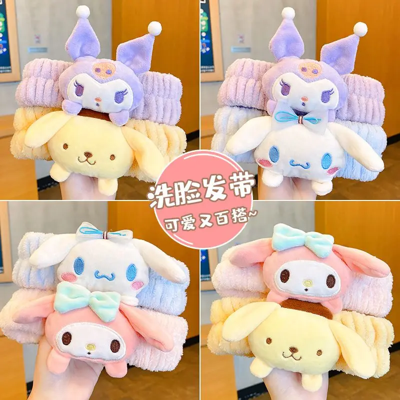 

Sanrio Anime Kuromi Melody Plush Doll Face Wash Makeup Hairband Kawaii Cinnamon Roll Sweet Non-Slip Elastic Hair Accessory Gift