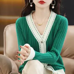New Autumn Winter Fashion Elegant Sweet Contrast Color V-neck Single Breasted Knitted Cardigan Women Loose Sweaters Coats Jumper
