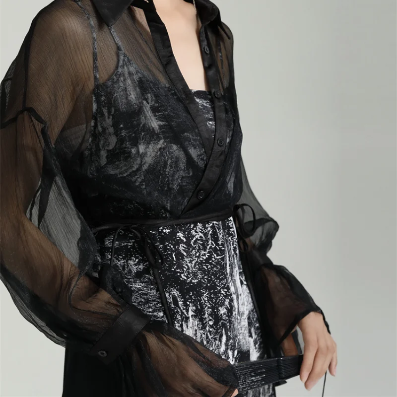 Black Tulle Beach Cover Ups Women Summer 2023 Crop Top Bandage Tunic Waist Shirts Flare Sleeve Single-breasted Outside Cardigan