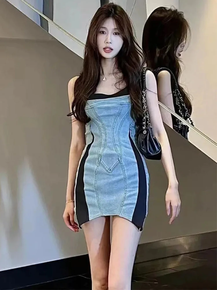 New Fashion Women's Patchwork Elastic Denim Sling Dress 2025 Summer Spring Trendy Sleeveless Wrap Hip Dresses Female 2