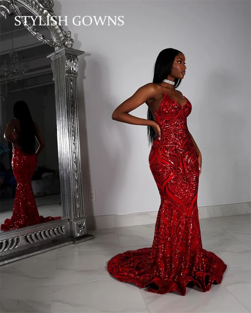 Red Halter Long Prom Dress For Black Girls Sparkly Sequined Birthday Party Mermaid Formal Gown Evening Gowns Robe De Bal - Prom Dresses -