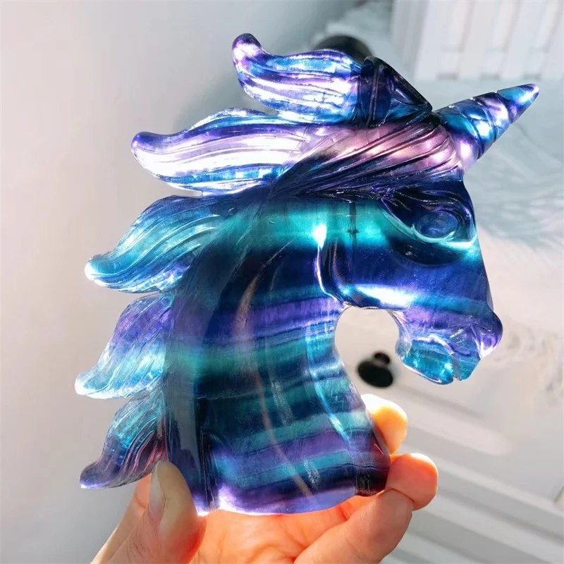 

Natural Crystal Fluorite Rainbow Unicorn Large Home Decoration Feng Shui Spiritual Independence Freedom Gift Rock Halloween 1pcs