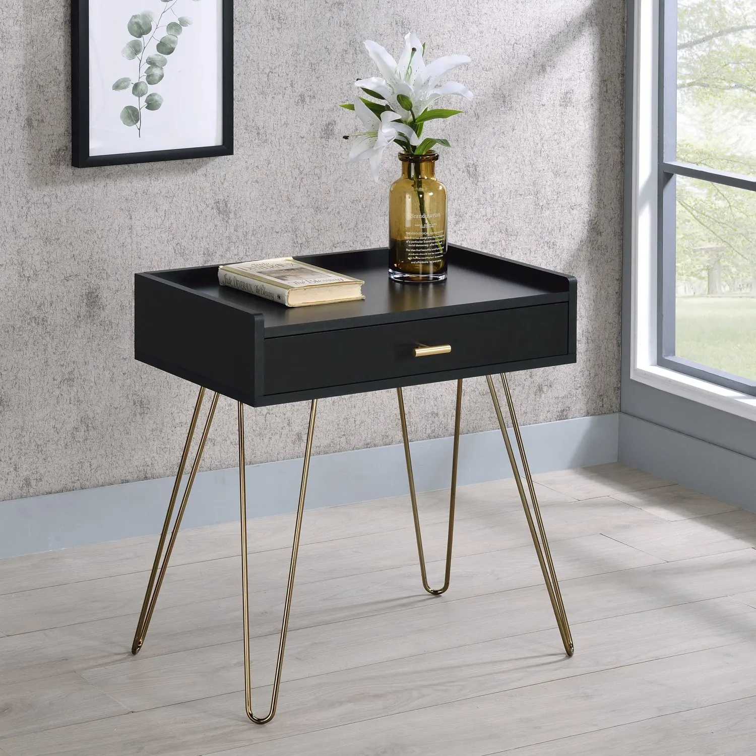 

Stylish Hailey Black and Gold Wooden Storage End Table with Elegant Design for Your Home Décor Needs and Organizational Space -