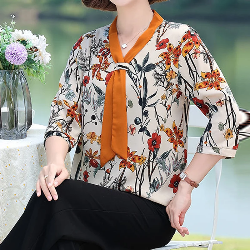 Vintage Printing Chiffon Women Blouses 2022 Autumn Summer Female Elegant Fashion Scarf Collar Three Quarter Sleeve Casual Shirt
