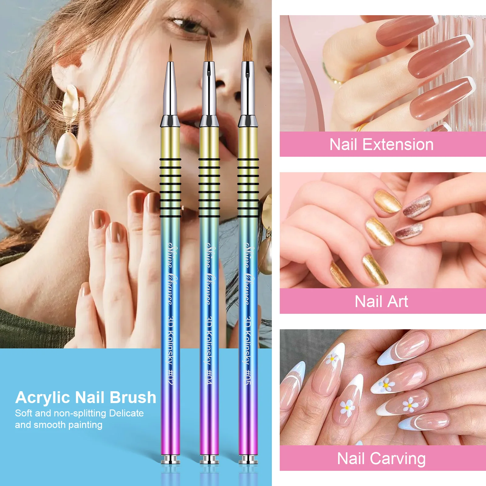 3pcs Kolinsky Acrylic Nail Brush Good Quality Nail Art Mink Brush Wood Handle Gel Builder Manicure Brush Drawing Tools 4