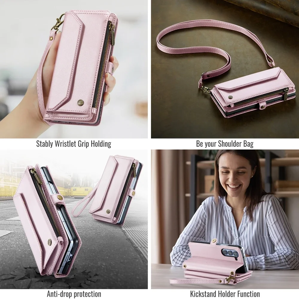 Crossbody Leather Wallet Phone Case with Stand and Shockproof Magsafe Flip Cover, featuring Lanyard Wristband.