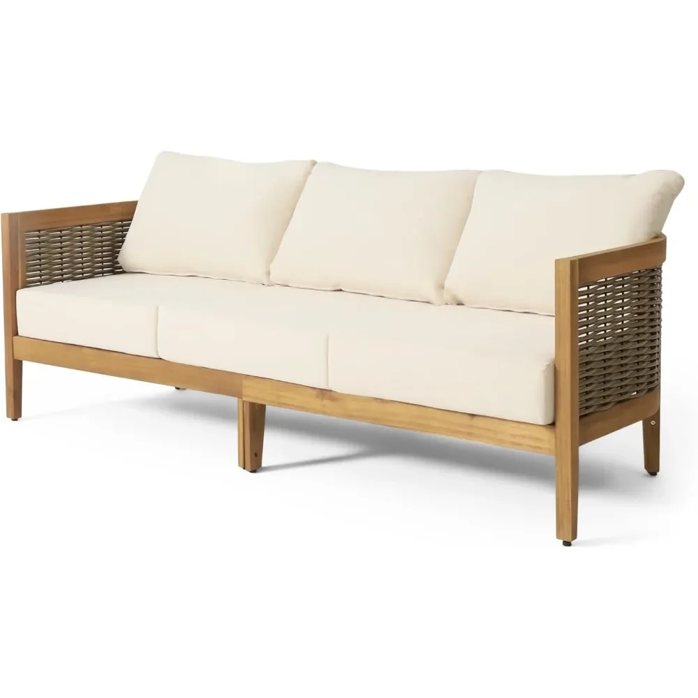 Outdoor Acacia Wood Wicker 3 Seater Sofa, Patio Furniture Conversation Set for Backyard 6