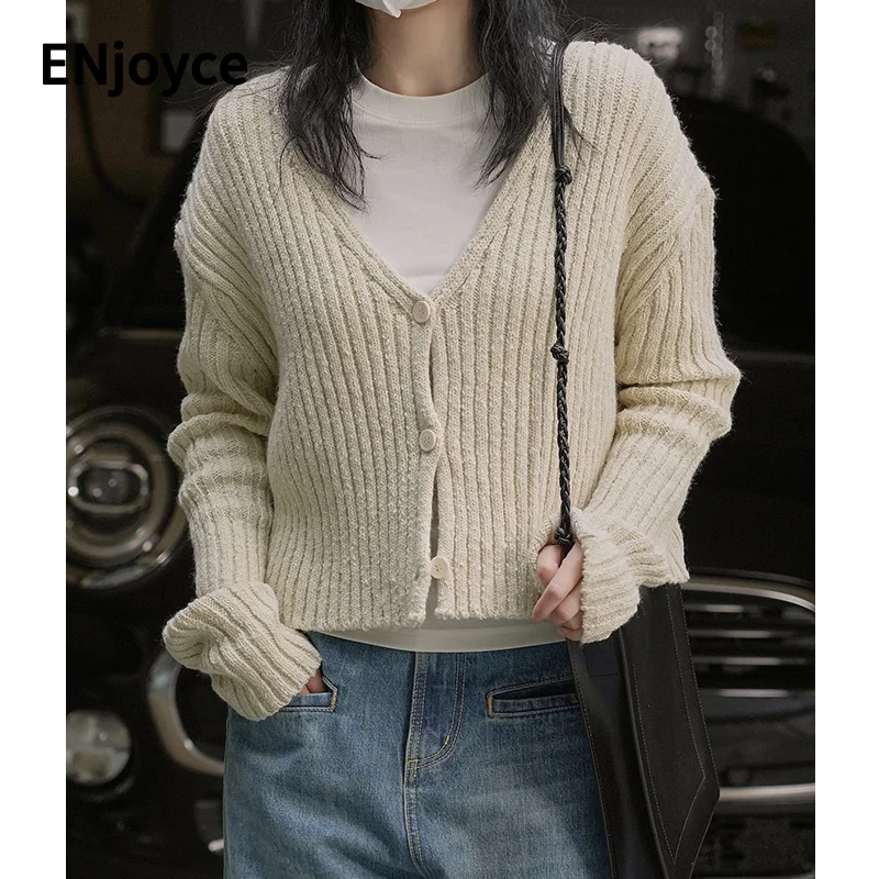 

Spring Women Beige Knitted Sweater Cardigan Crop tops Single-breasted Cardigans Knitwear Casual Loose V-Neck Knit Jackets