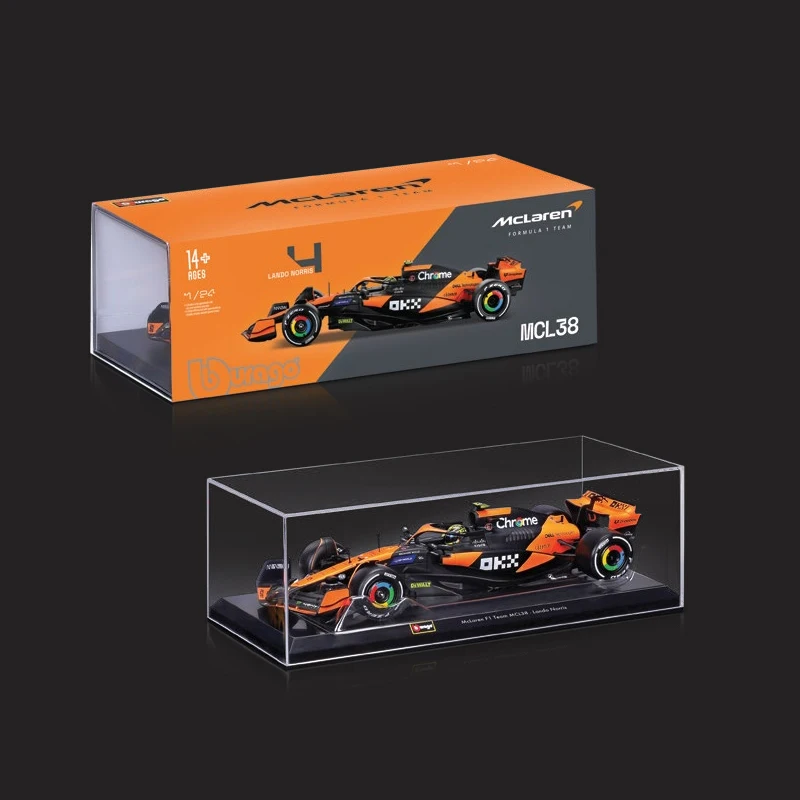 Bburago Formule 1 McLaren MCL38 Lot de 2 (2024) : kit de Voiture Miniature à l'échelle 1/43, Window Box, 25,4 cm, Noir Orange (18-38202