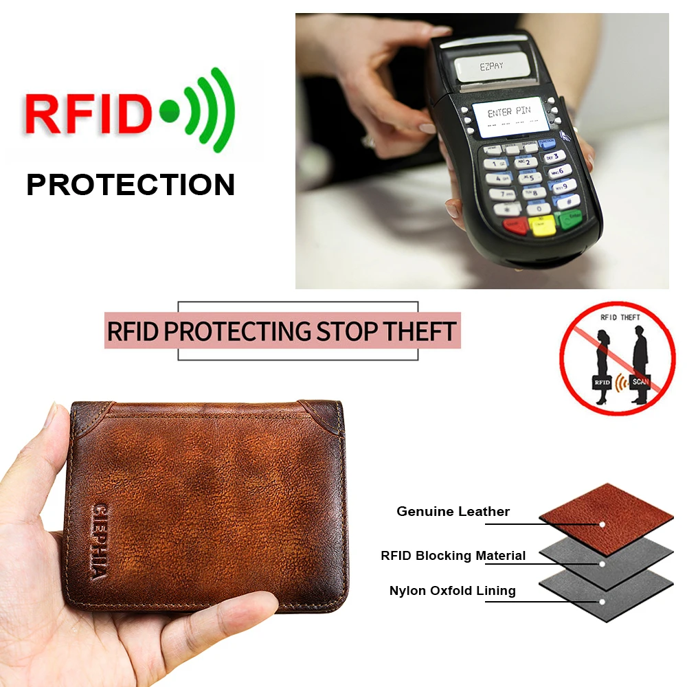 Genuine Leather Rfid Protection Wallets for Men Vintage Thin Short