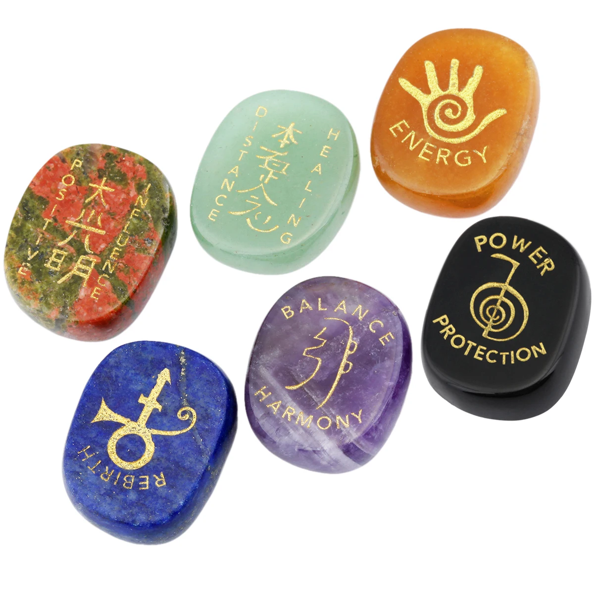 6Pcs/Set Natural Crystal Stones Engraved Chakra Symbols Polished Palm Stones Worry Stone For Meditation Balancing