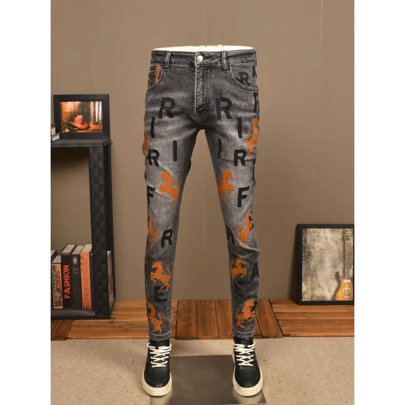 2024 New High-End Embroidered Men'S Jeans Fashion Brand Stretch Slim Retro Casual High Street Black Gray Denim Pants