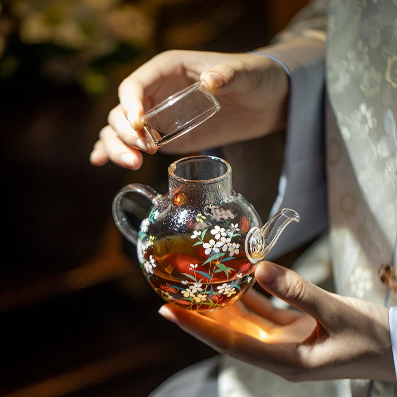 High Borosilicate Glass Teapot Heat Resistant Blooming Flower Design Gongfu Tea Set with Filter Stove Top Safe Handled