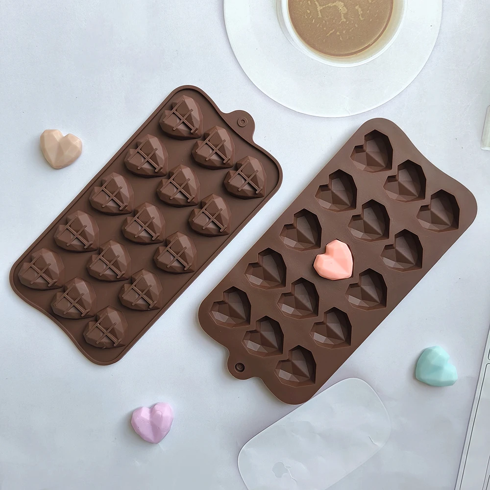 15-Cavity Diamond Heart Silicone Mold for Chocolate, Candy, Jelly, and Wax Crafting