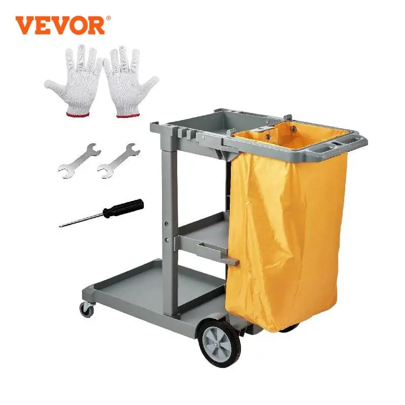 

VEVOR Black/Grey Cleaning Cart 3-Shelf Commercial Janitorial Cart 200 lbs Capacity Plastic Housekeeping Cart with 25 Gallon Bag
