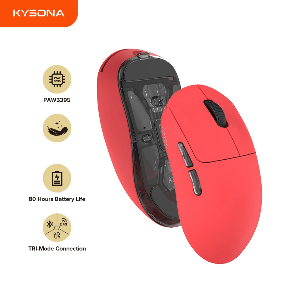 Kysona Aztec Red PAW3395 Wireless Gaming Mouse 55g Ultra-Light 26000DPI 6 Buttons 90 Million Optical Computer Mice For Laptop PC usb wired gamer mouse 7 colors colorful led optical gaming mice 5500 dpi 7 buttons backlight mice for computer laptop desktop pc