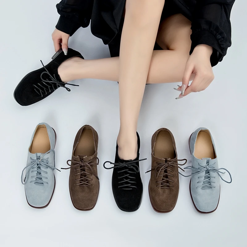 Women Loafer Lace-up 2025 New Spring Shoes Women Suede Genuine