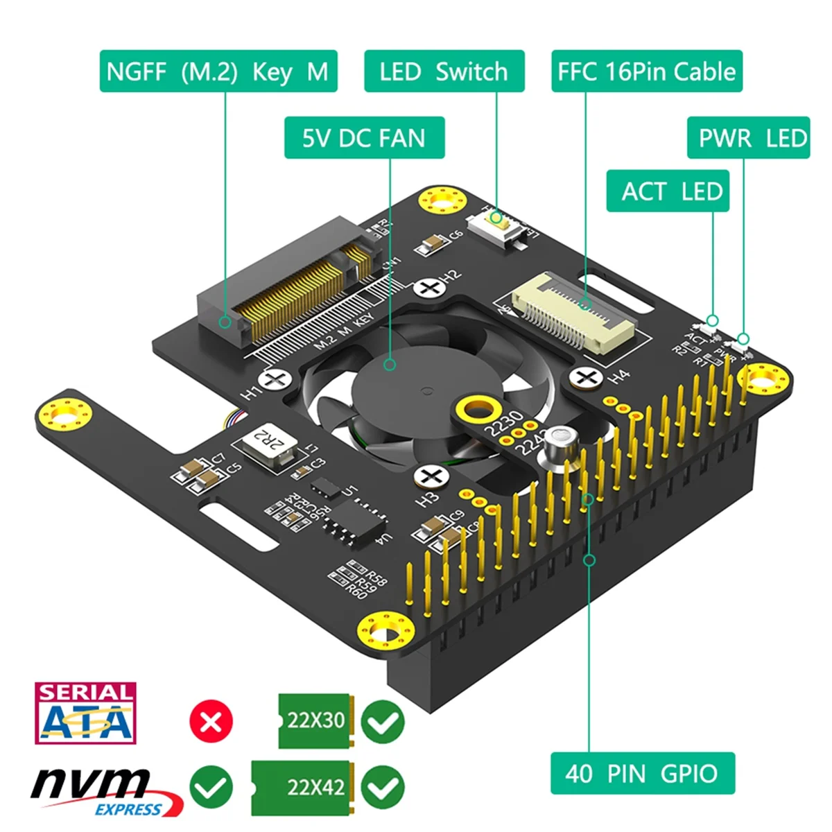 라즈베리 파이 5 블랙용 콤보 M.2 NVMe-PCIe 어댑터, 쿨러 선풍기 및 자동 변색 LED 포함, 3 in 1