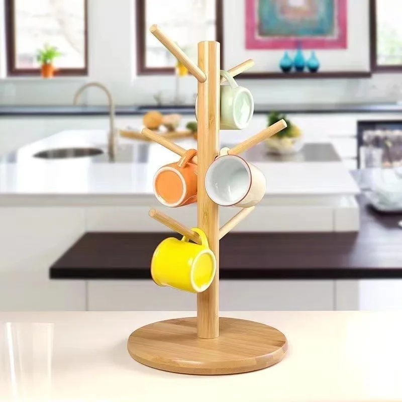 Set Tree Shape Wood Coffee Tea Cup Storage Holder Stand Mug Hanging Display Rack Drinkware Shelf 6 Hooks Home Kitchen1