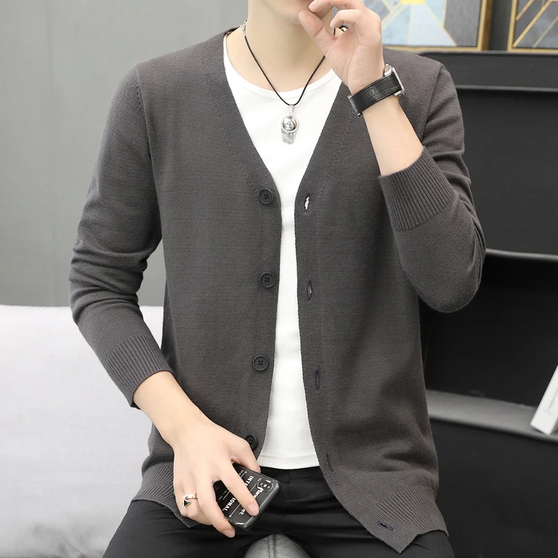 2023 Winter Men's Slim Fit Solid Color V-neck Button Long Sleeved Knitwear Autumn Leisure Commuting Versatile Comfortable Top