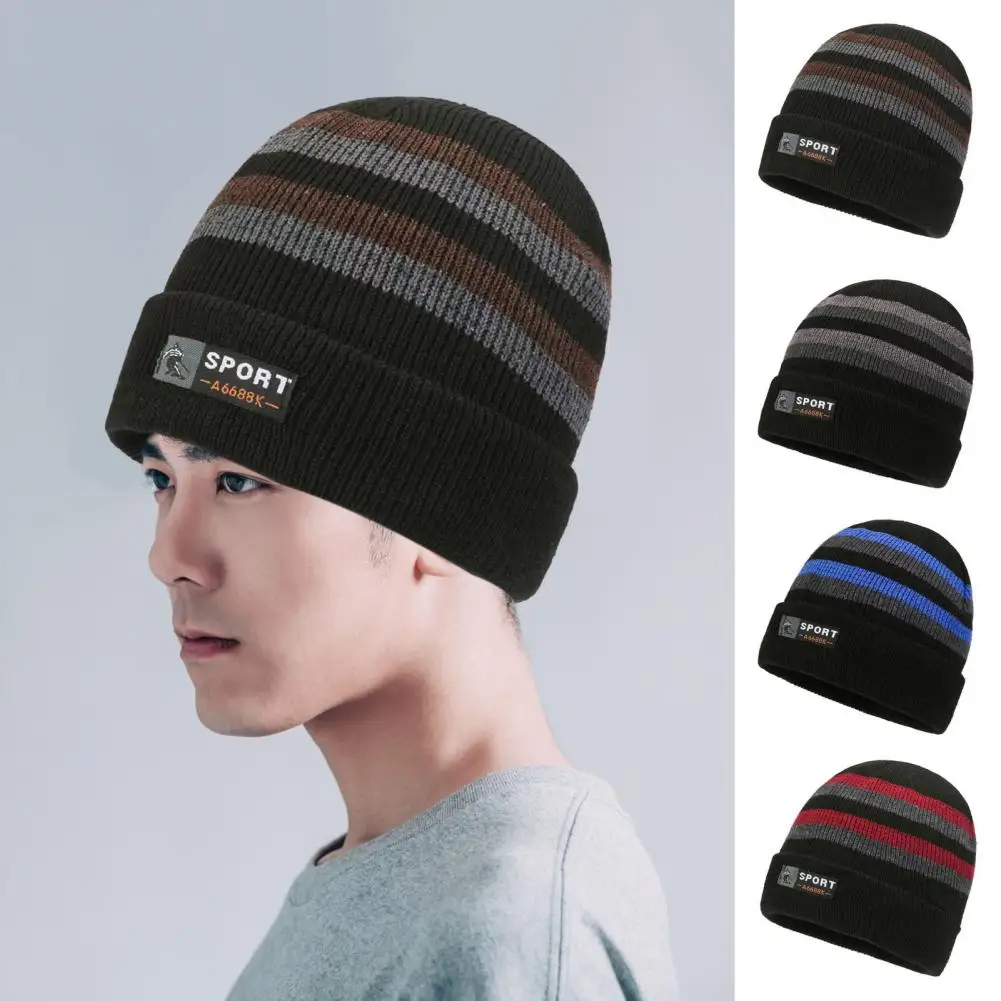

Winter Knitted Hat Striped Thick Elastic Warm Soft Windproof Soft Anti-slip Cold Resistant Men Outdoor Skiing Cap Beanie