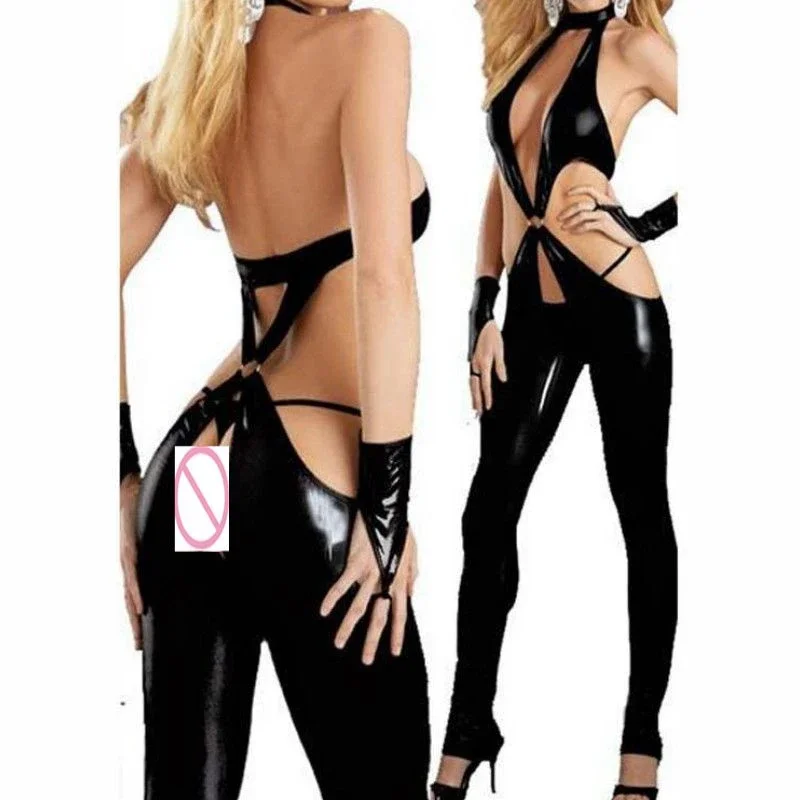 

Sexy Wetlook Faux Leather Catsuit PVC Latex Bodysuit Lingerie Open Crotch Clubwear Fetish Hot Erotic Pole Dance PU Bodysuit