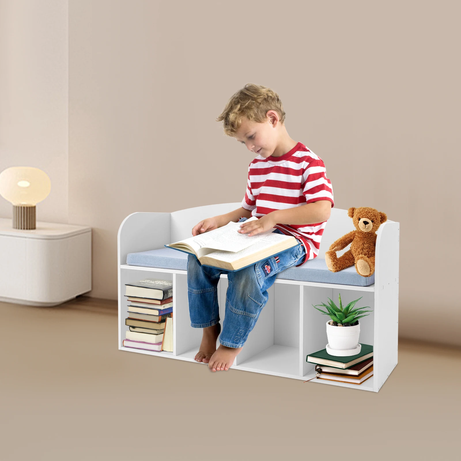 Kids Book Display Case with Soft Cushion, Storage Bench with Book Rack, Low Square Book Cabinet for Living Room Bedroom Decor 4