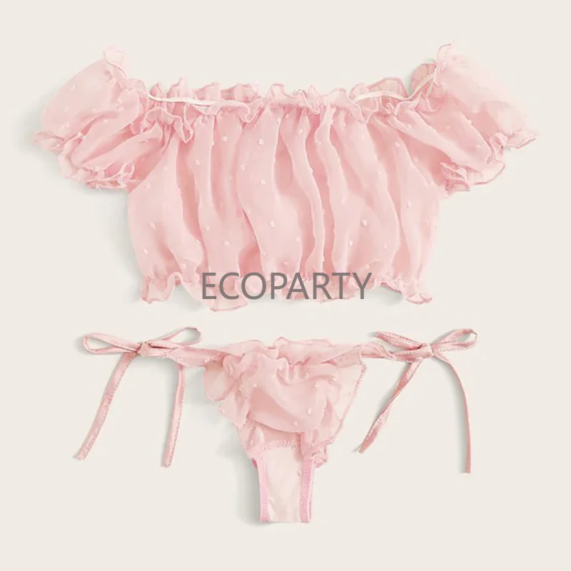 

2023 New Pleated Mesh Lingerie Set Women Underwear Cute Babydoll Sleepwear Ladies Crop Tops+Briefs Ensemble String Soutien Gorge