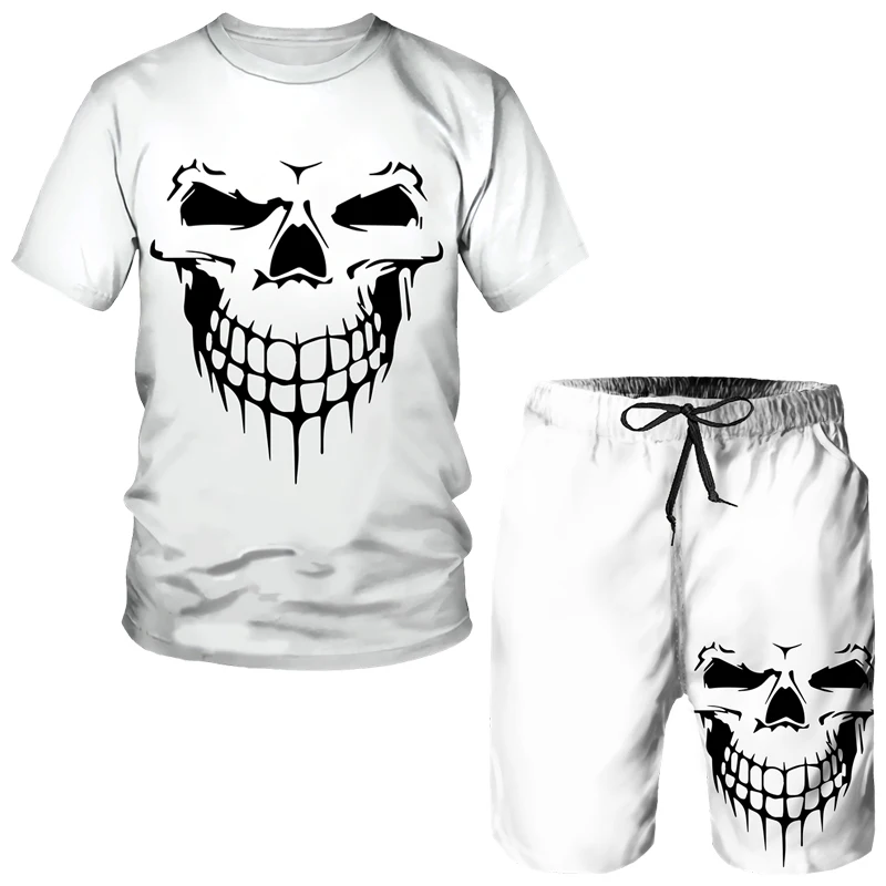 Skull Punk 3D 2 Piece Sets Men's Print 2023 Summer Short Sleeve Sportswear Tracksuit Gothic Graphic Top Shorts Suit Male Outfits tentacle 3d printed summer men s 2 piece sets oversized t shirts joogers outfits fashion trousers tracksuit trend male clothing