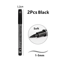 Metallic Brush Marker Set - Gold, Silver & White Permanent Art Pens (2Pcs Soft Black)