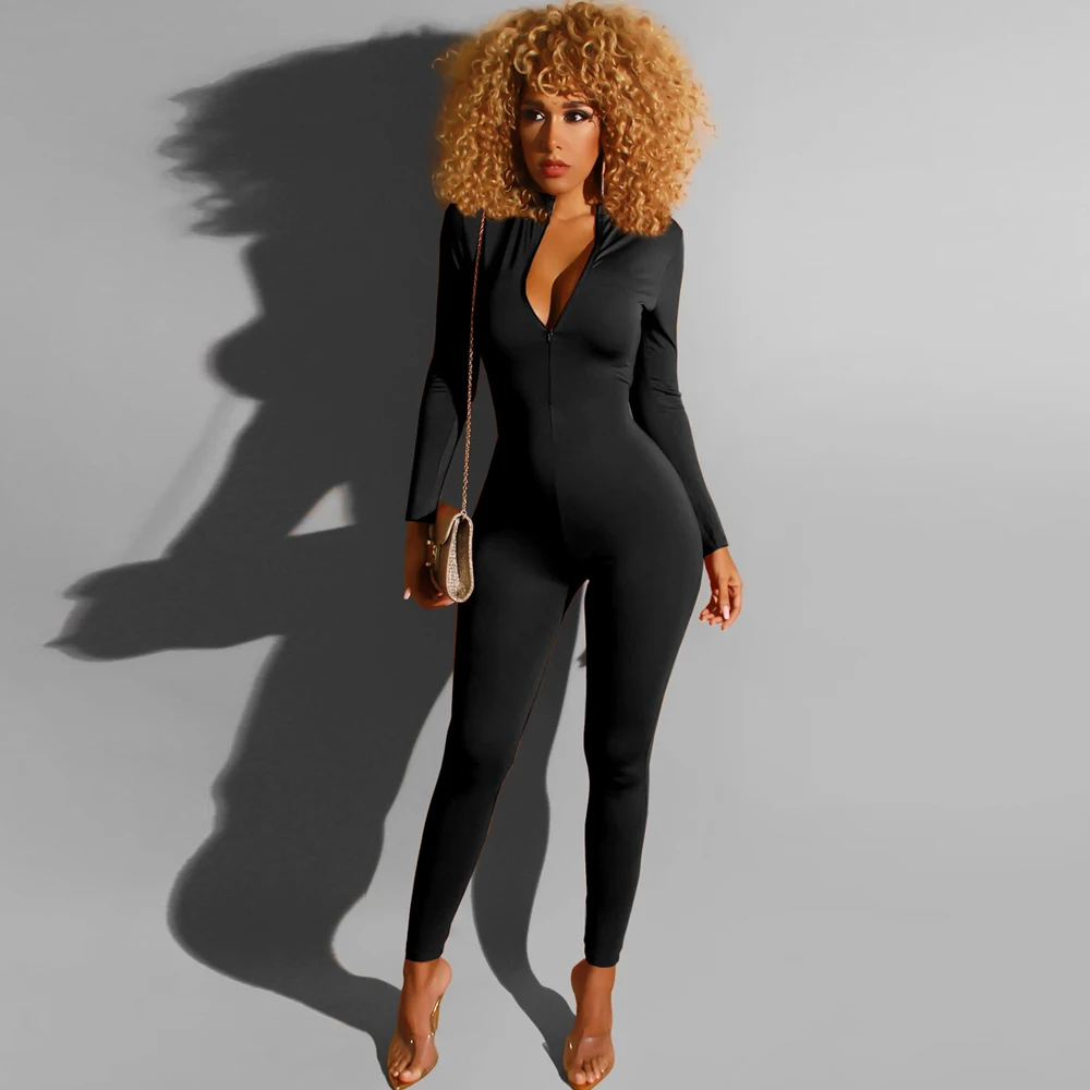 Activewear Casual Zipper Up Rompers Womens Jumpsuit Deep V Neck Full Sleeve One Piece Overall Casual Workout Skinny Bodysuit 2