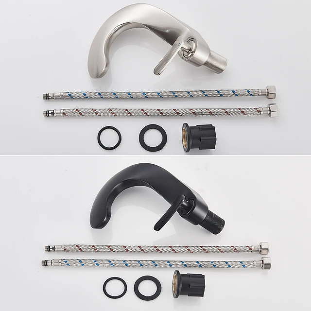 ก๊อกน้ำอ่างล้างหน้าแบบติดตั้งบนเคาน์เตอร์ สีดำด้าน ทำจากทองเหลือง แบบก้านโยกเดี่ยว สำหรับอ่างล้างหน้าในห้องน้ำ  แบบนิกเกิลขัดเงา น้ำร้อนน้ำเย็น 5