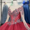 Red Quinceanera Dresses Long Sleeves Floral Rojo Evening Dresses Lace Sweet 16 Vestidos De Quinceanera 1285 3