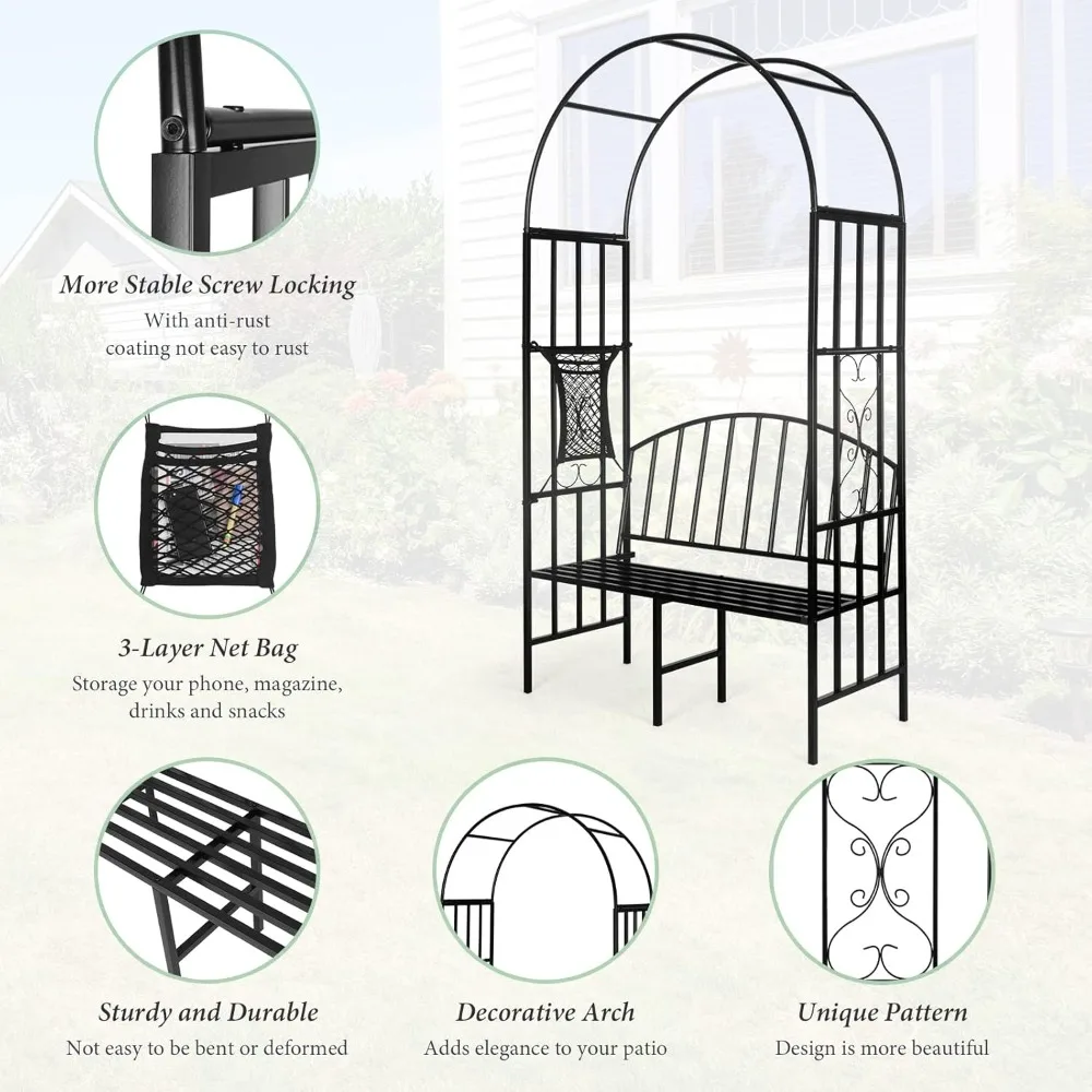 Garden Arch Heavy Duty (Holds 660lbs-250kg) | Metal Arbor Archway for Climbing Plant & Two People Seat Bench |Outdoor Lawn Backy
