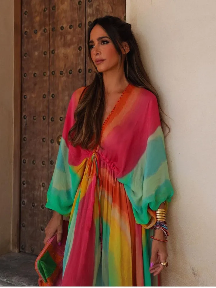 

Женское праздничное платье с V-образным вырезом, Длинное Элегантное платье контрастной расцветки с рукавом летучая мышь и V-образным вырезом, осень 2023