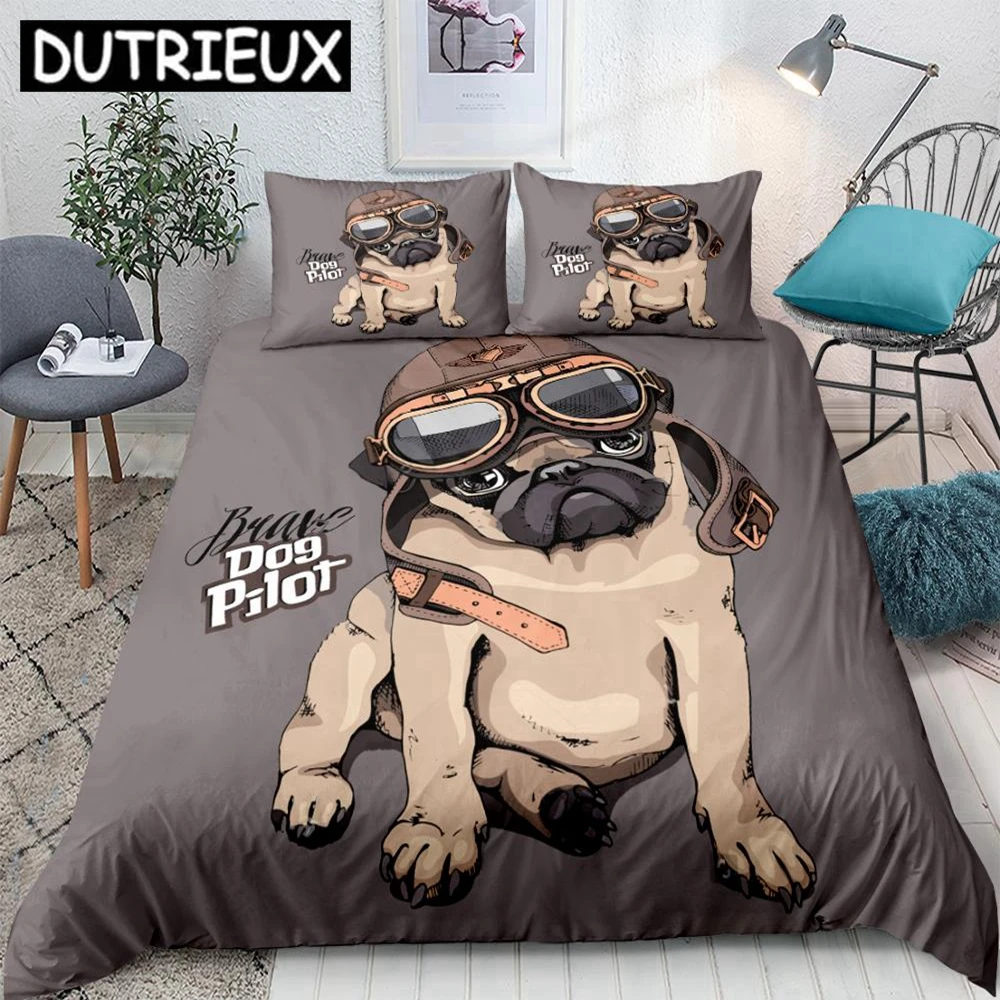 

Cartoon Pug Dog Duvet Cover Set 3D Pilot Cute Animal Bedding Set Kids Boys Bed Linen Pillowcases Twin Full Home Textiles 3pcs
