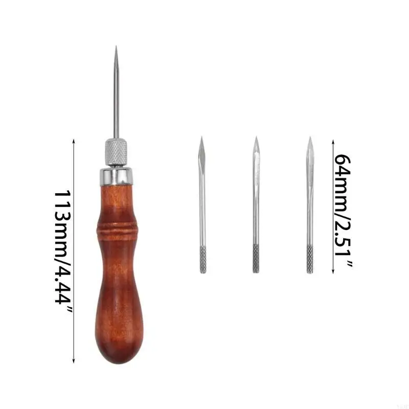 Y5JC 4 in 1 나무 손잡이 LeatherCraft 재봉 키트 다이아몬드 송곳 DIY 구멍 펀치 도구