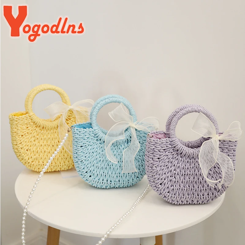 Bow Straw Bag For Women Pearl Strap Lady Beach Bag Woven Handmade Shoulder Bag Bohemia Top-handle Bag Ladies Baskets