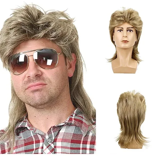 Pelucas de salmonete para hombres, disfraces de los años 70 y 80, accesorio de fiesta elegante para hombres, peluca de cabello para cosplay de Halloween de color negro