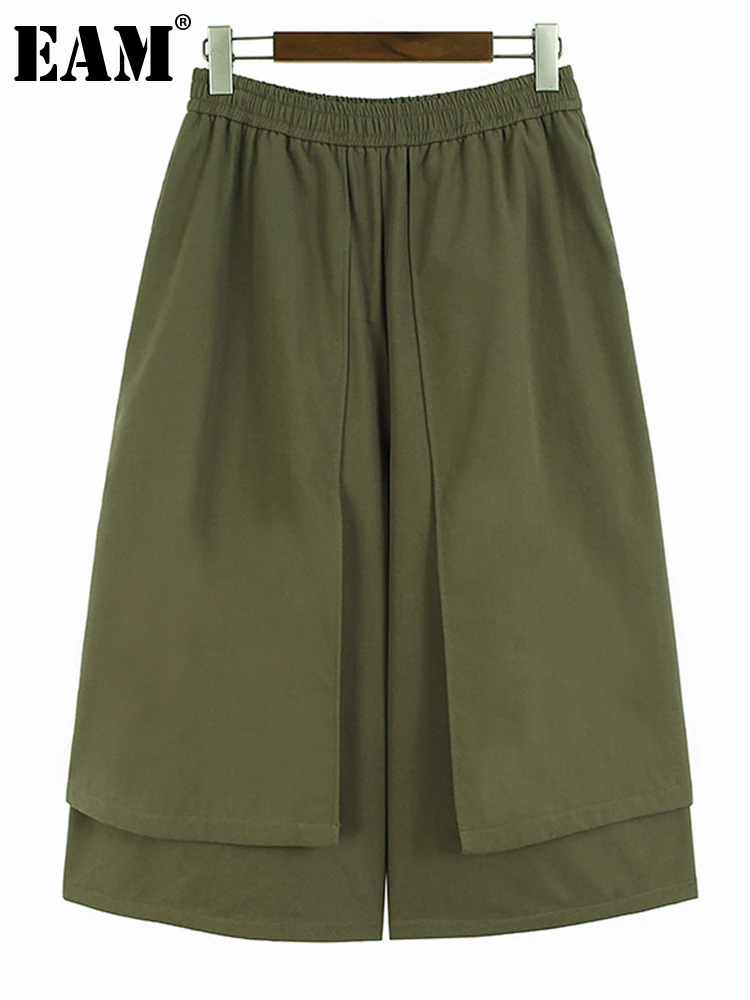 

[EAM] High Elastic Waist Green Thick Big Size Wide Leg Pants New Loose Fit Trousers Women Fashion Spring Autumn 2024 1DH3188
