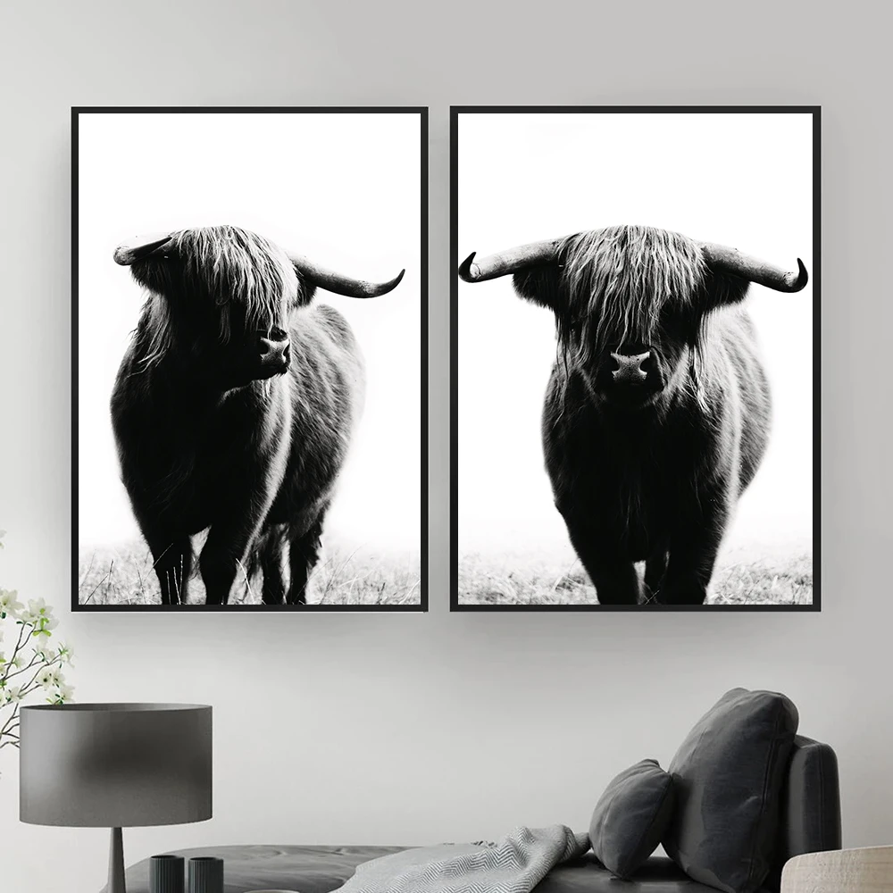 

Wild Animals Canvas Painting Posters and Prints Cuadros Wall Art Picture for Living Room Decor Black and White Yak Highland Cow