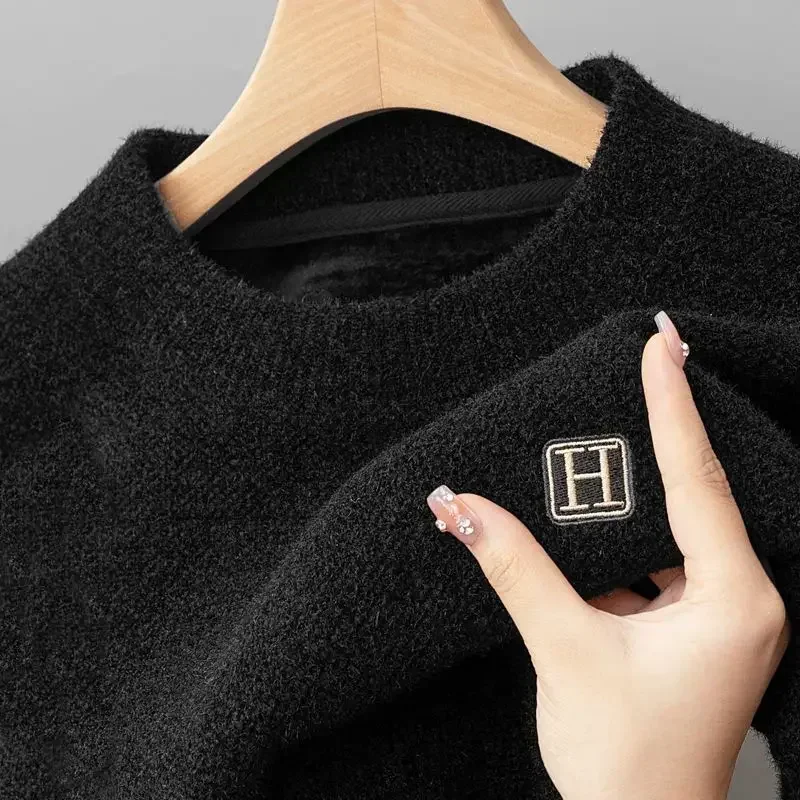 Winter Men's Warm Fleece Sweater O-Neck Embroidered Casual Knitted Inner Lap Pullovers Thick Thermal Underwear Sweater 5
