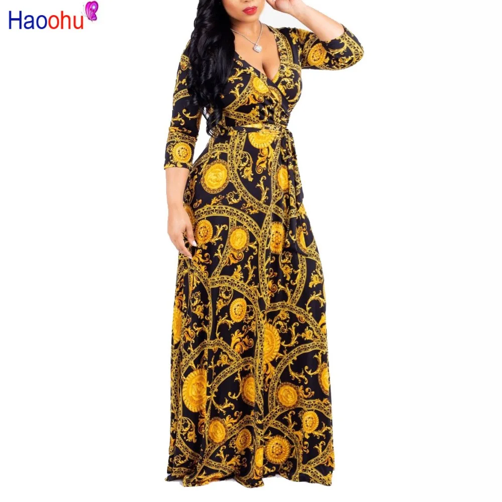 

HAOOHU Chain Bohemian Long Dress Women Autumn Winter Tunic Maxi Dress Gold Female Floor-Length Vestido Urban Casual Commute 2023