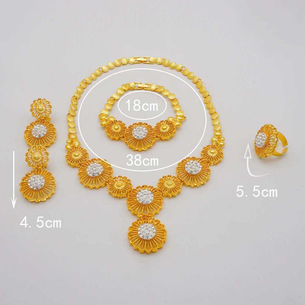 red american diamond necklace set Ethiopia Dubai 24K Gold Color Jewelry Sets For Women Luxury Necklace Earrings Bracelet Ring India African Wedding Gifts earrings and tikka set under 200