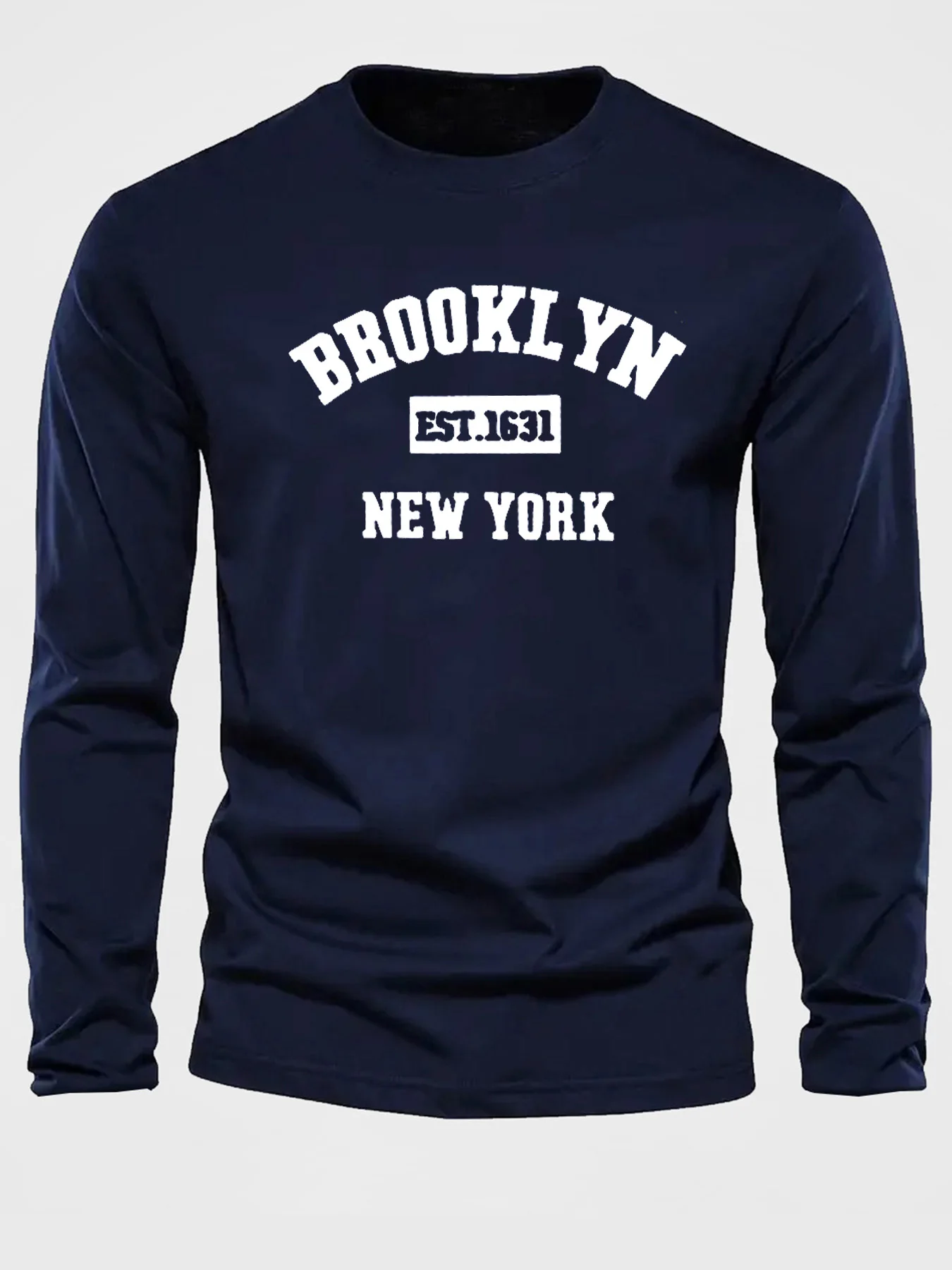 Men's 100% cotton loose fit sports casual Brooklyn New York letter printed round neck long sleeved T-shirt top