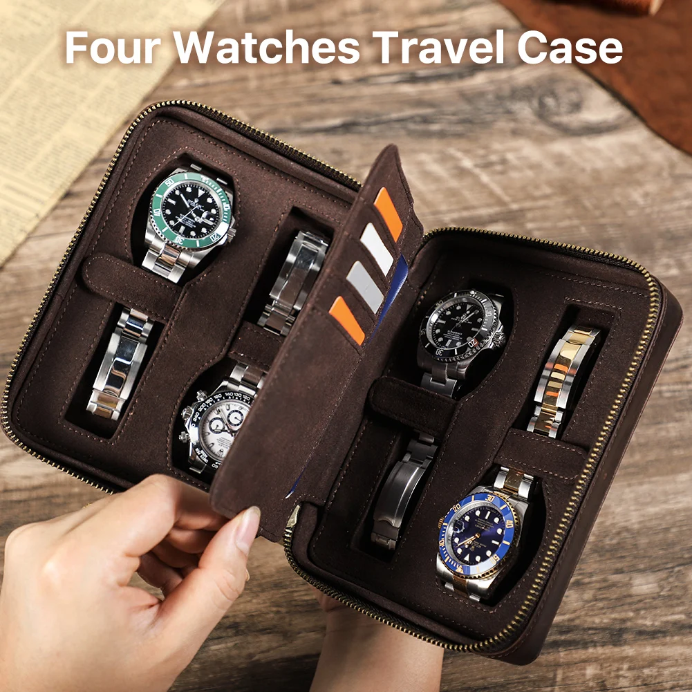 Genuine Leather 4 Slot Watch Box Display Case Storage Watch Organizer Zipper Travel Collector Case with Card Holder Pocket