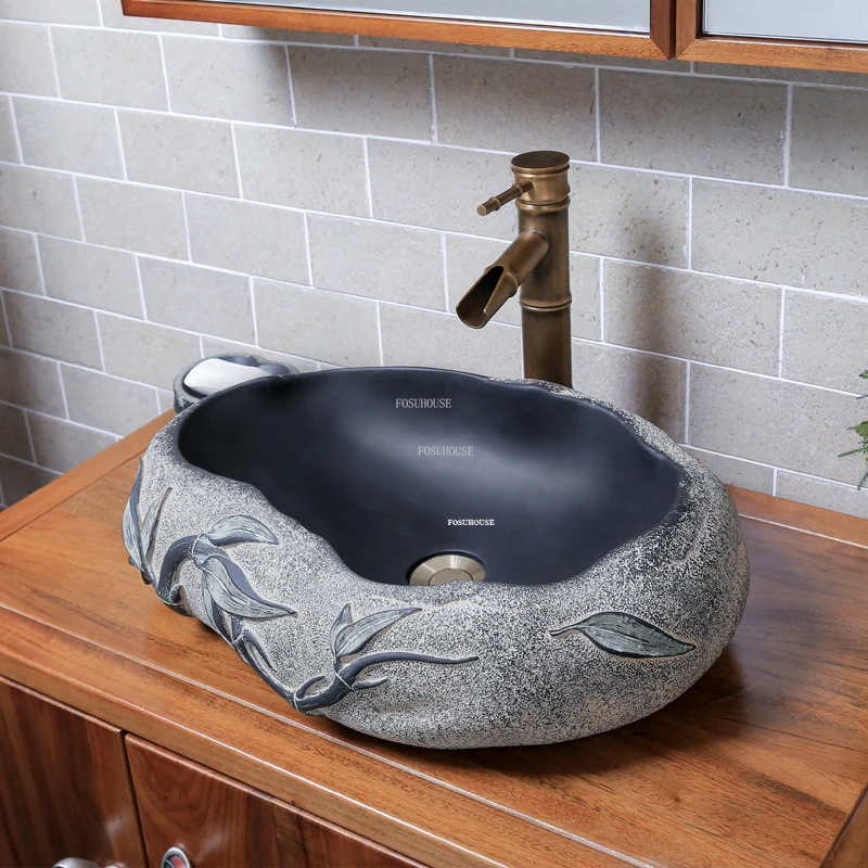 Chinese Imitation Stone Resin Bathroom Sinks Creative Art Bathroom Wash Basin Modern Household Countertop Basin Carving Basin